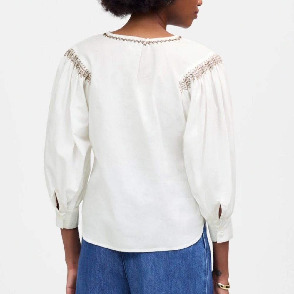 Madewell Embroidered Poplin Balloon Sleeve Top White Crewneck Cotton Zig Zag XL - Picture 2 of 10